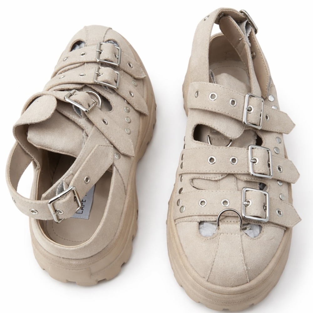 Chunky Beige Suede Buckle Sandals for Women